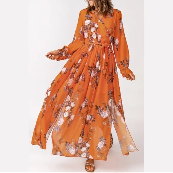 Orange Floral, V-Neck Maxi Dress - Picture 3 of 14